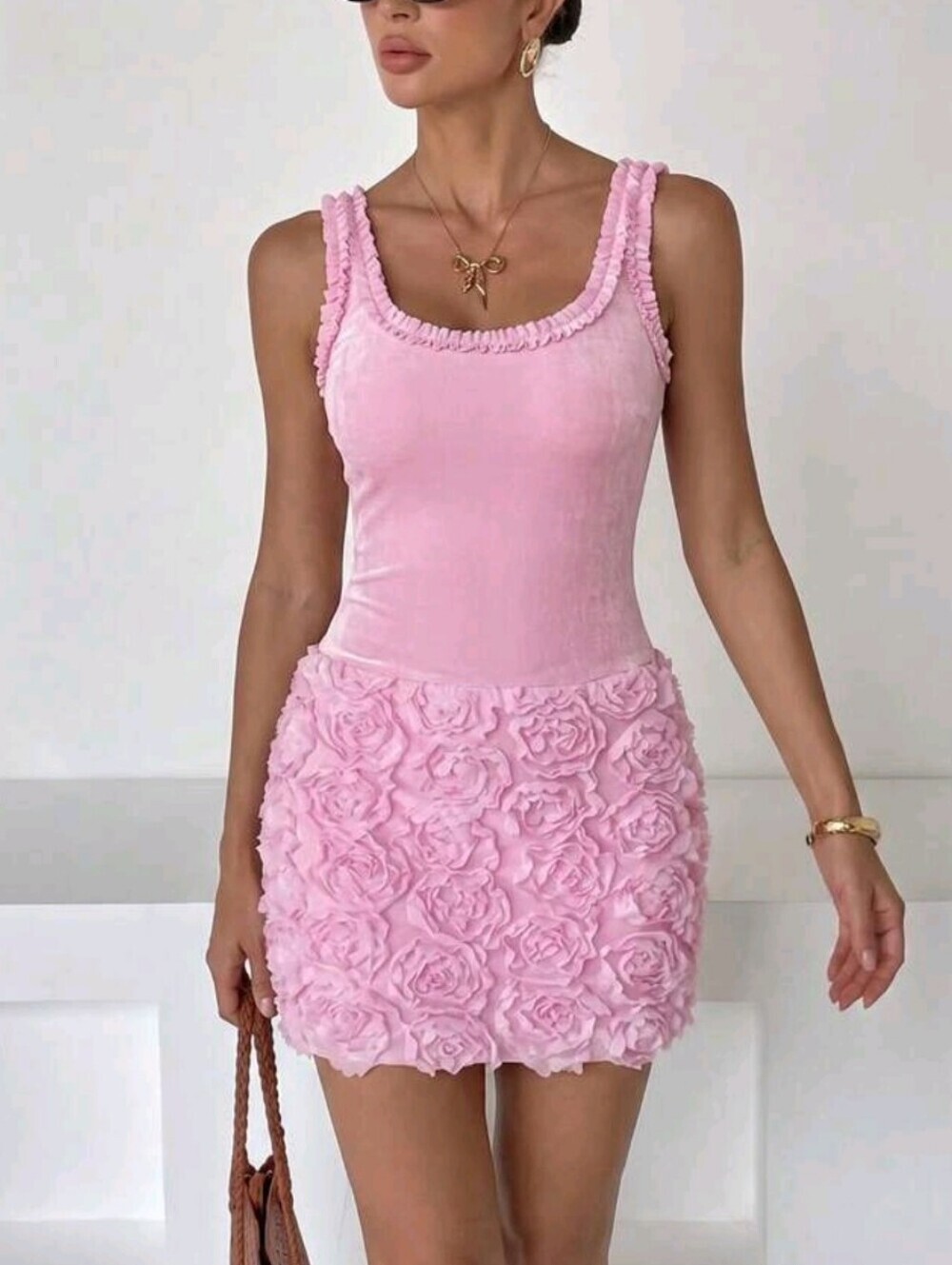 Sleeveless U-Neck Backless Frill Trim Body-Con Short Dress Pink Summer Party Ele